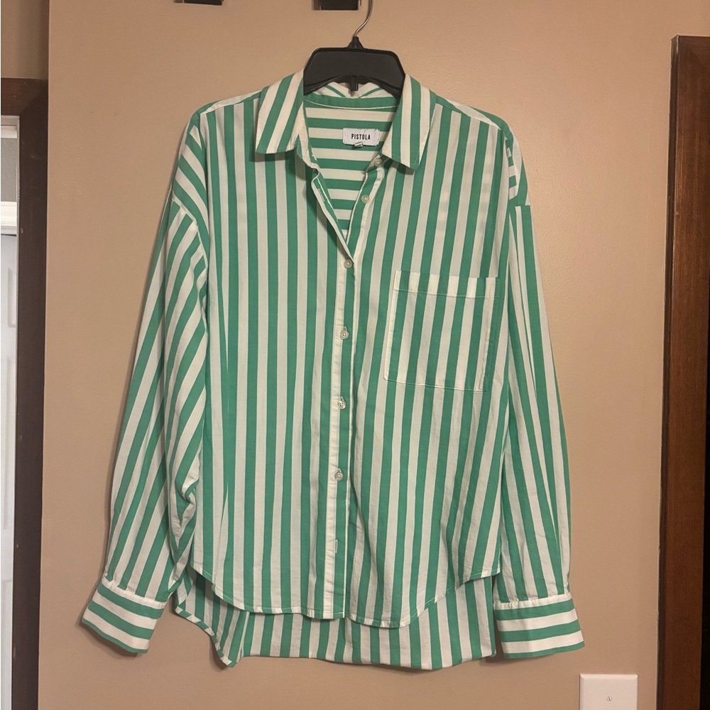 Green and White Striped Button-Up Shirt